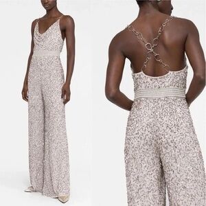 ALICE AND OLIVIA Riska Embellished Cowl Neck Chain Crepe Jumpsuit dove 10
